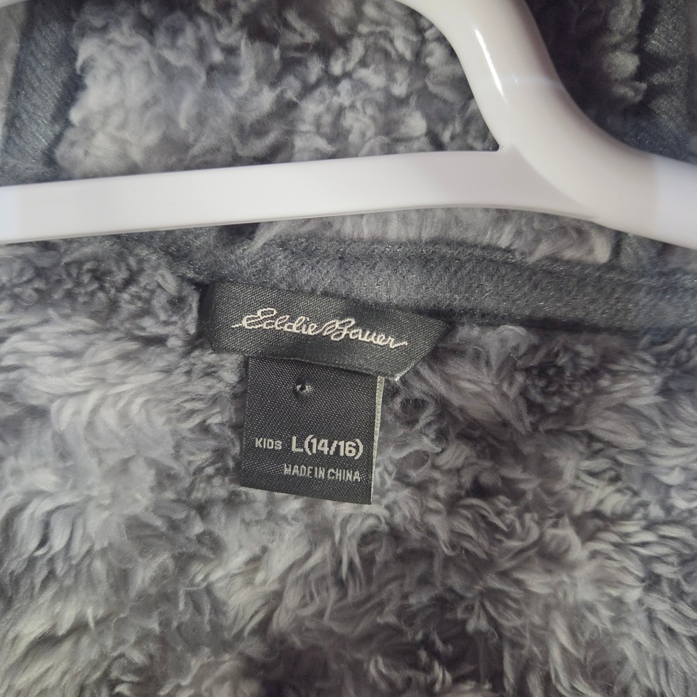 Eddie Bauer Sherpa Fleece Hoodie Gray Leopard Pink Trim Kids Large Womens XS S - Picture 3 of 8